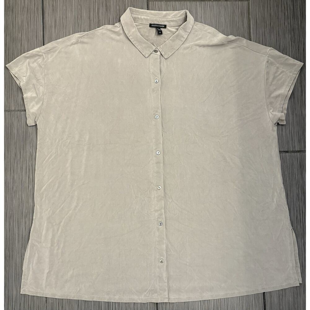Eileen Fisher Gray Sueded Full Button Short Sleeve Shirt Size 2X Cupro